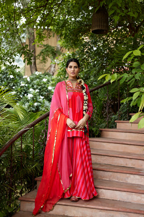 Red and pink polka kurta and sharara