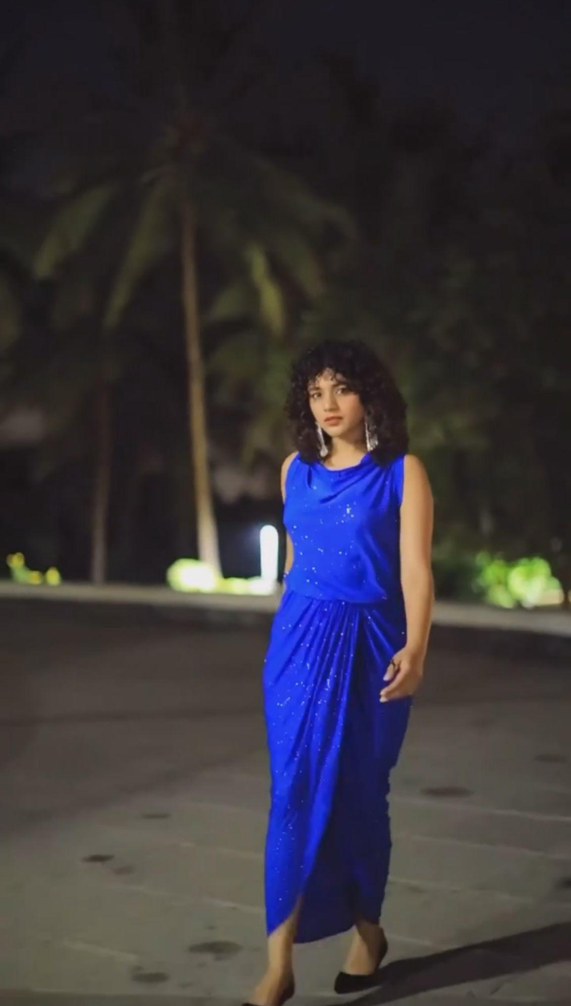 Sonal in our royal blue off shoulder maxi dress