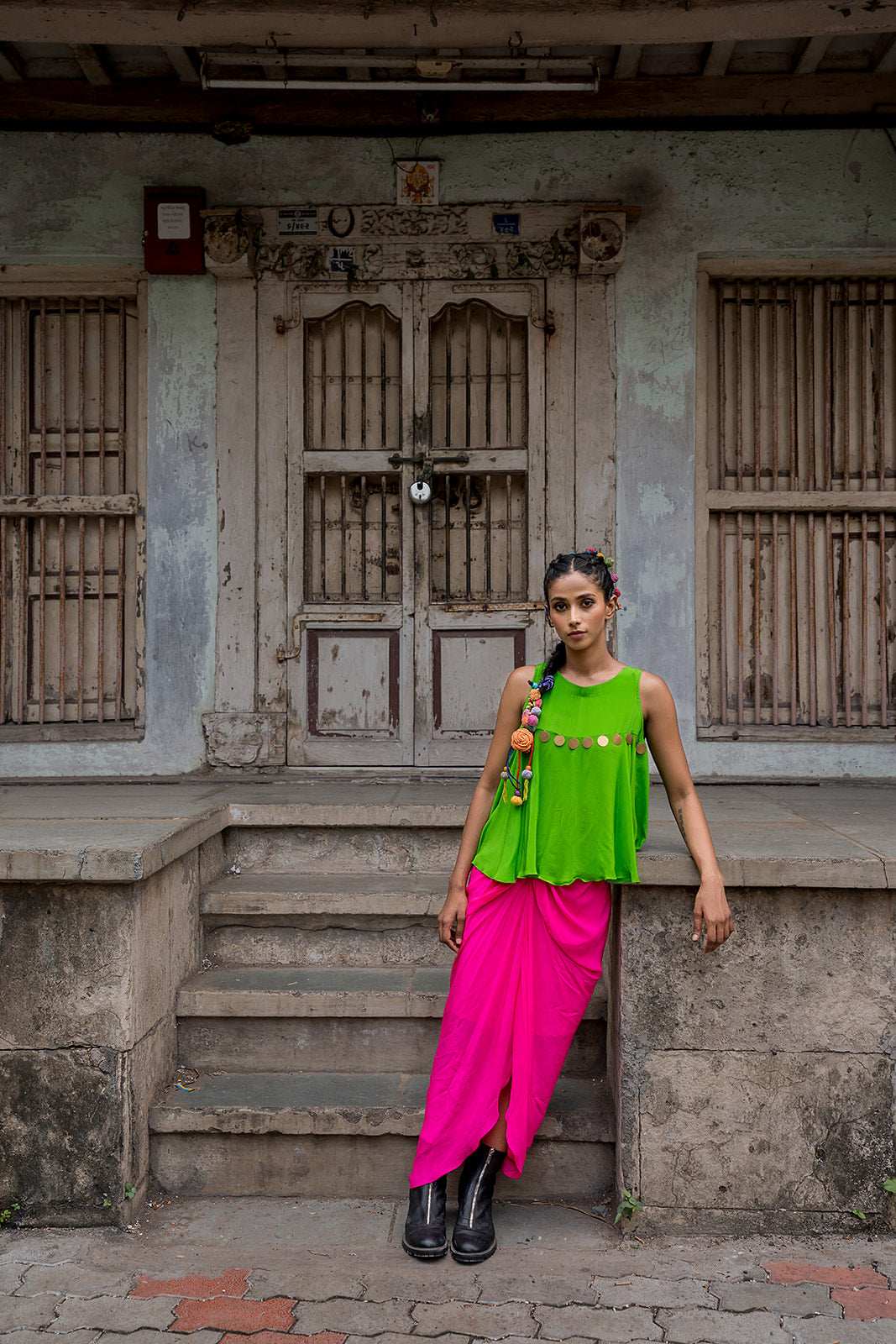 Hot pink draped skirt with top