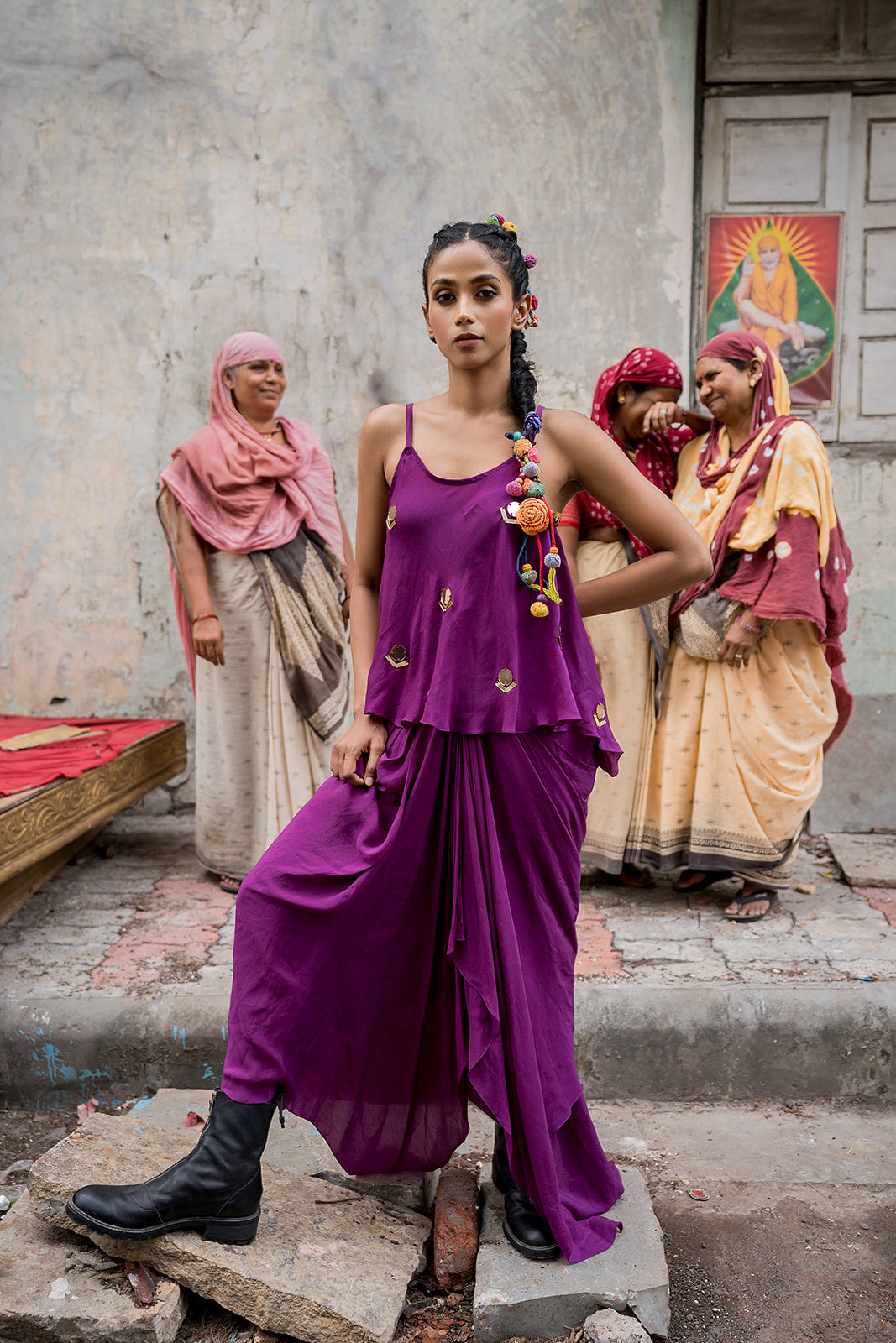 Purple draped skirt with top